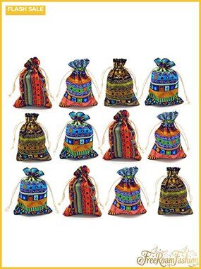 12pc Egyptian Cotton Coin Pouches Aztec Drawstring Gift Bag